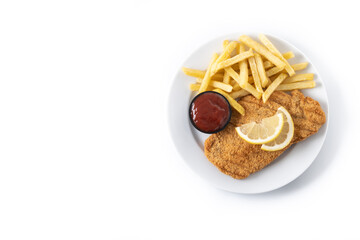 Wiener schnitzel with fried potatoes isolated on white background. Top view. Copy space