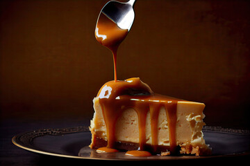 Caramel cheesecake. Take a bite with fork with Generative AI Technology