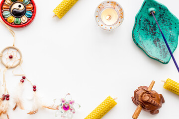 Spirituality esoteric meditation concept - set of incense and candles