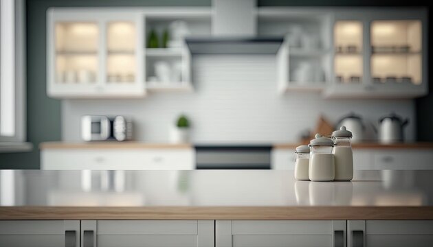 Empty wooden counter top with blurred kitchen background with copy space. Generative AI