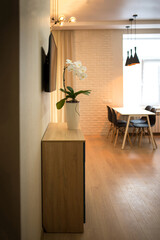 Open plan living room and kitchen interior with white cabinets, table and chairs