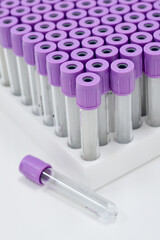 Purple vacuum blood collection tube with EDTA as anticoagulant for Complete blood count test in Medical laboratory.