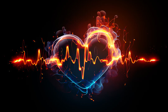 Heart EKG and heart rate line made of fire and smoke on black background. Digitally generated AI image