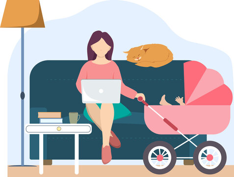 woman and teleworking mother reconciling family and work life, accompanied by a domestic cat and her baby in a baby carriage