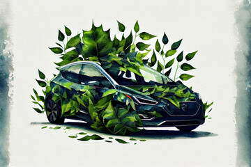 Electro eco car made of green leaves concept. Digitally generated A image