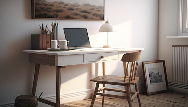 Scandinavian study room with white table and mockup laptop computer. Generative AI