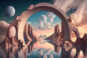 abstract background with a panorama. Fantastic scene with clouds, water, rocks, and a mirror arch. Sky with a soft gradient. Wallpaper with a basic visual appeal. Generative AI