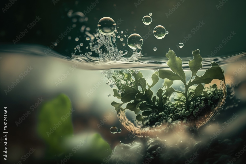 Canvas Prints defocused splash, bubbles, and shadow of a plant on transparent, calm, clear water surface. a modern