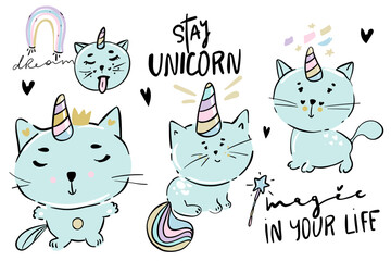 Vector illustration of cute white cat unicorn or caticorn life activity planner including working, shopping, cooking, driving, working out, etc