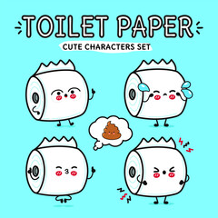 Funny cute happy toilet paper characters bundle set. Vector hand drawn doodle style cartoon character illustration icon design. Isolated on blue background. Toilet paper mascot character collection