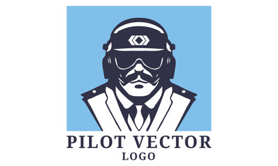 Obraz na płótnie Canvas Vector logo, a portrait of a pilot with a mustache, wearing a cap and headphones. Square sticker, icon or emblem. White isolated background.
