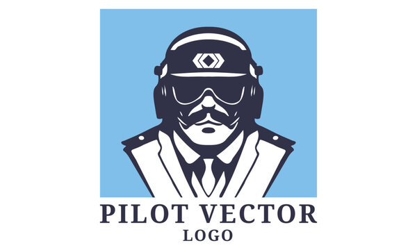 Vector logo, a portrait of a pilot with a mustache, wearing a cap and headphones. Square sticker, icon or emblem. White isolated background.