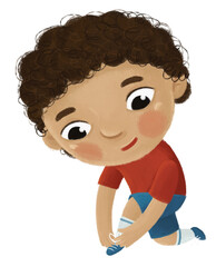 cartoon child kid boy taking off or putting on clothes by him self for sport childhood illustration for kids
