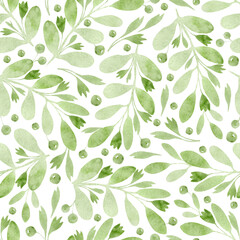 Seamless pattern of elements with spring greenery, twigs, leaves and flowers. Hand drawn watercolor illustration isolated on white background