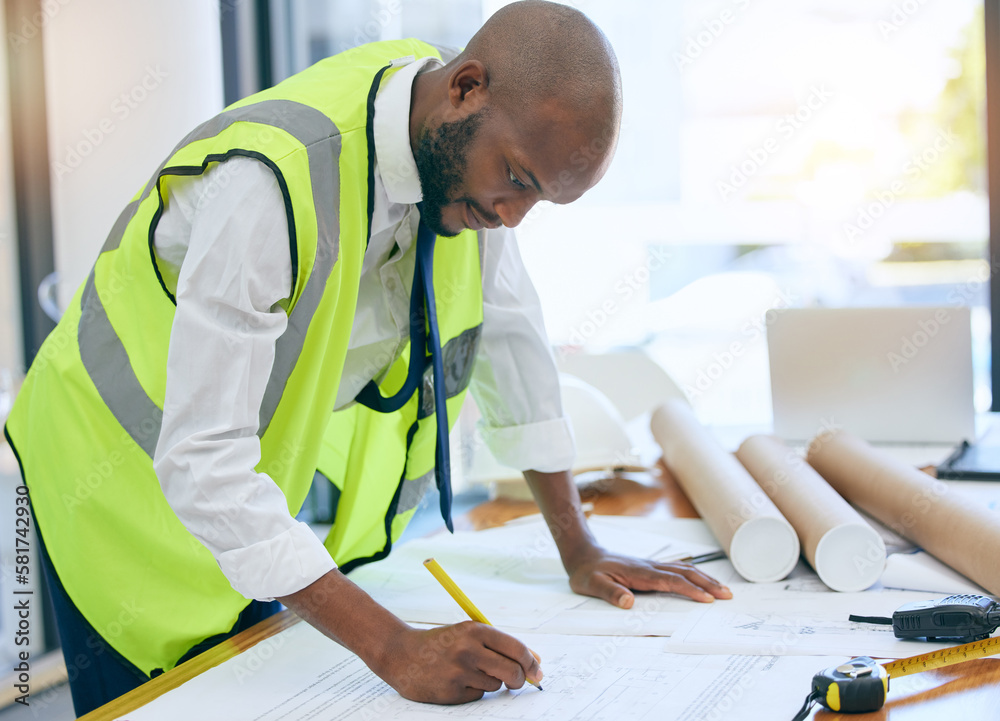 Poster Architect, blueprint and man writing in office on paper, design and planning building project. Construction, engineer and male project manager with plan for property, model or renovation strategy