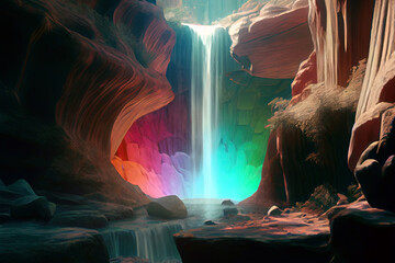Epic waterfall luminous in middle of wonderland landscape surrounded by rocks. Digitally generated AI image