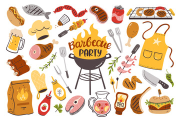 Barbecue party background with meat, burgers, sausages, and barbecue utensils. Collection of 35 bbq colorful elements isolated on white. Hand-drawn vector illustration. - obrazy, fototapety, plakaty
