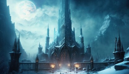 Fototapeta premium Fantasy Ice Castle, Concept Art, Digital Illustration, Generative AI