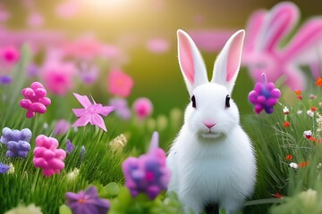 Wielkanoc, wielkanocny króliczek z kolorowymi jajkami wielkanocnymi na trawie, barwnie, soczyste wiosenne kolory, miejsce na tekst. Wygenerowane przy pomocy AI - obrazy, fototapety, plakaty