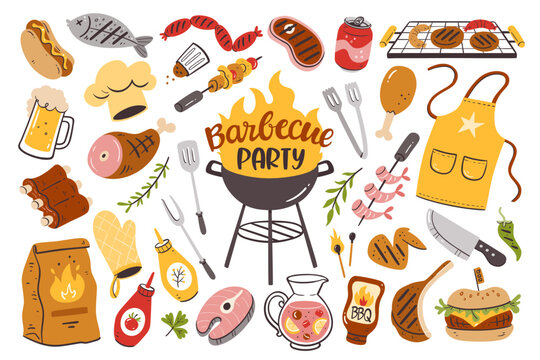 Barbecue party background with meat, burgers, sausages, and barbecue utensils. Collection of 35 bbq colorful elements isolated on white. Hand-drawn vector illustration.
