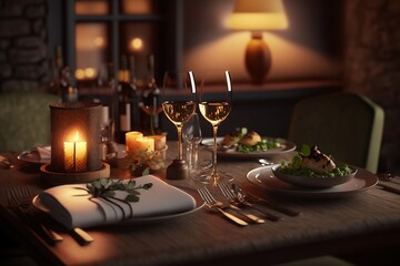 Cozy table setting for a dinner at restaurant with candles and wine, AI generative