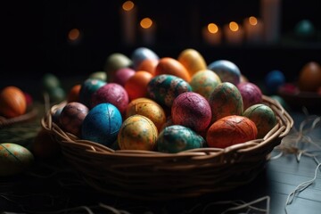 Easter eggs in basket. Easter Holiday celebration concept. Greeting card design. Generative ai. 