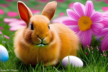 Wielkanoc, wielkanocny króliczek z jajkami wielkanocnymi na trawie, barwnie, soczyste wiosenne kolory, miejsce na tekst. Wygenerowane przy pomocy AI - obrazy, fototapety, plakaty