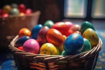 Fototapeta na wymiar Shiny colorful Easter eggs in basket. Easter Holiday concept. Generative ai. 