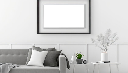 Modern furnished living room with mock up frame on the wall. Generative AI