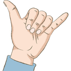 Shaka Hand Gesture. Retro styled color illustration with a rough texture of a hand making the shaka gesture.