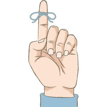 Reminder string on finger. Retro styled color illustration with a rough texture of a hand with a small ribbon tied around his forefinger.