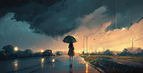 an anime girl thinking about life scene on a street with an umbrella, generative ai technology