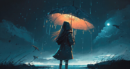 an anime girl standing in the rain with an umbrella, sad scene, raindrops, generative ai technology