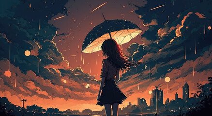 a lonely sad scene of an anime girl with an umbrella, epic art, generative ai technology