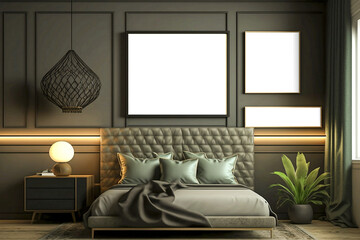 Gallery wall mockup, Frame mockup in modern bedroom, 3d render, AI generated