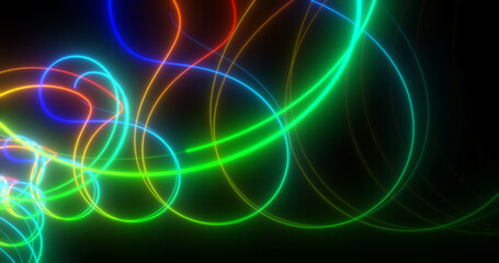 Abstract multi-colored rainbow neon energy laser lines flying on a black background
