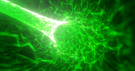 Abstract green tunnel swirling from lines and particles of triangles glowing futuristic hi-tech with a blur effect on a dark background. Abstract background