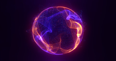 Abstract purple energy sphere of particles and waves of magical glowing on a dark background