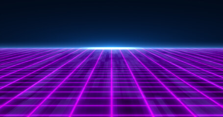 Abstract purple glowing neon laser grid futuristic high tech with energy lines on surface and horizon, abstract background