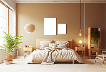 Stylish scandinavian composition of bed room mockup with design Generative AI