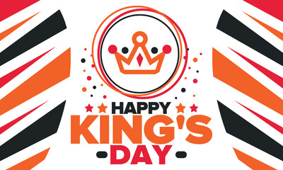 King’s Day in Netherlands. Koningsdag in Dutch. Nation’s cultural heritage and the celebrate birthday of His Majesty King. Dutch royal family. Netherlands flag. Orange colour or orange madness. Vector