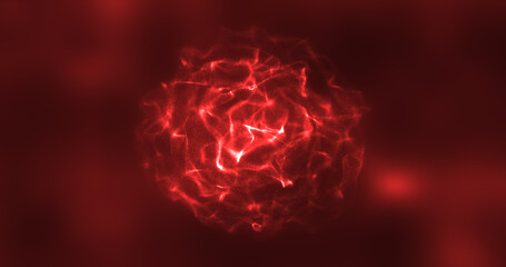 Abstract red energy round sphere glowing with particle waves hi-tech digital magic abstract background