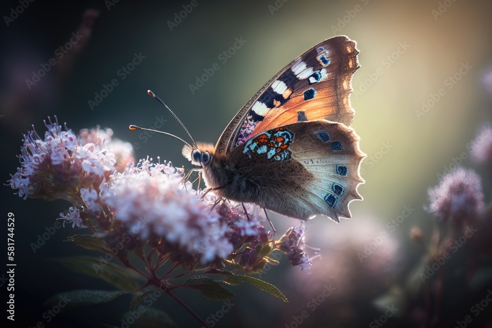 Wall mural Macro pictures, lovely natural setting. Beautiful butterfly in closeup perched on a blossom in a summer garden. Generative AI