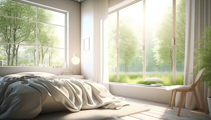 Minimal white bedroom with large window and forest view. Generative AI