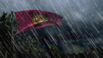 flag of Kyrgyzstan with rain and dark clouds, weather forecast symbol - nature 3D illustration