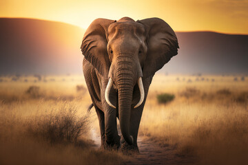 Fototapeta na wymiar Majestic elephant walking in sunset, grassy plain, long shot --ar 3:2 Generative AI