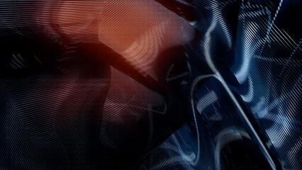 Dark teal or blue backdrop with orange light - digital metal lines art - abstract 3D illustration