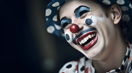 Portrait of a laughing woman clown with painted face. World Laughter Day concept. April Fool's Day celebration. Generative AI