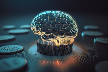 Sketch of a human brain on a virtual, creative AI hologram with a background of coin stacks. Multiexposure. Generative AI