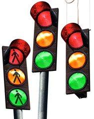 Collection of three traffic lights with all three lights on, green, orange and red, isolated on...